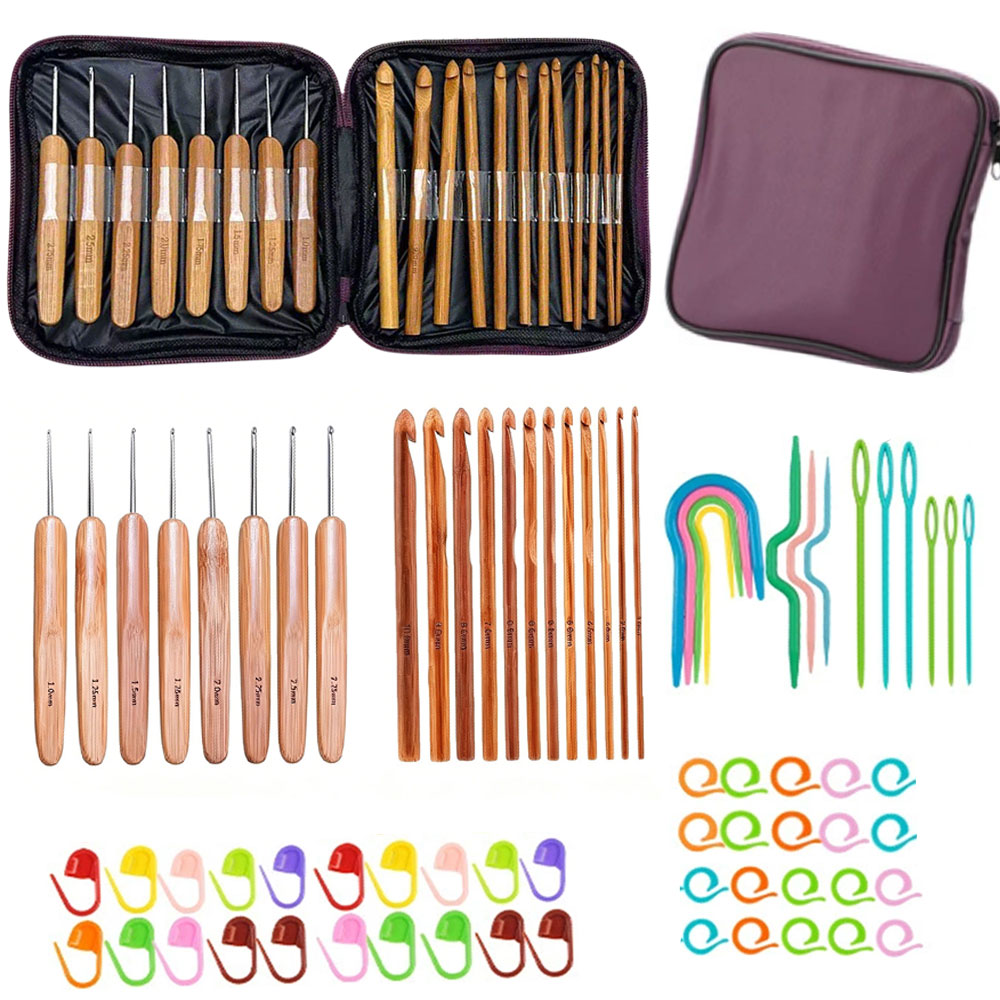 Crochet Hook Set - 74pcs Bamboo Crochet Hooks Set Yarn